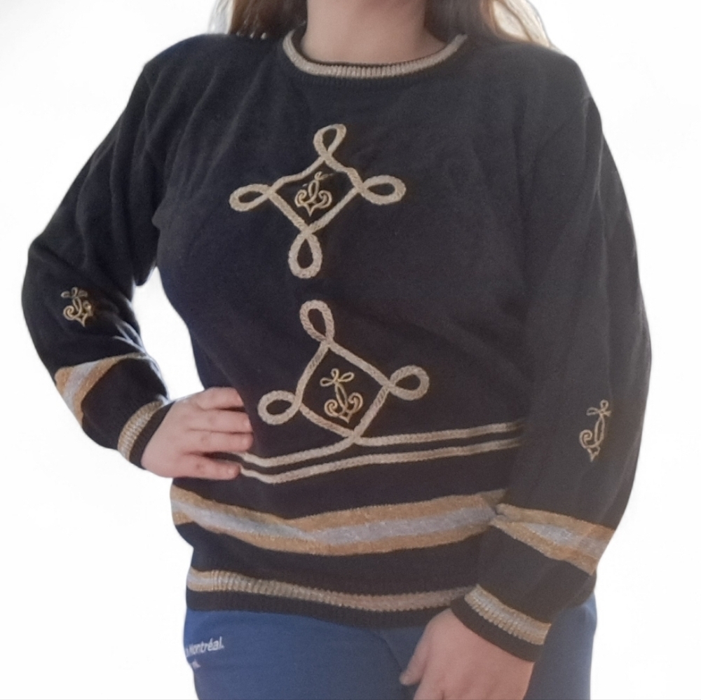 Vintage Black Embroidered Knit Sweater Gold Trim - Picture 2 of 9